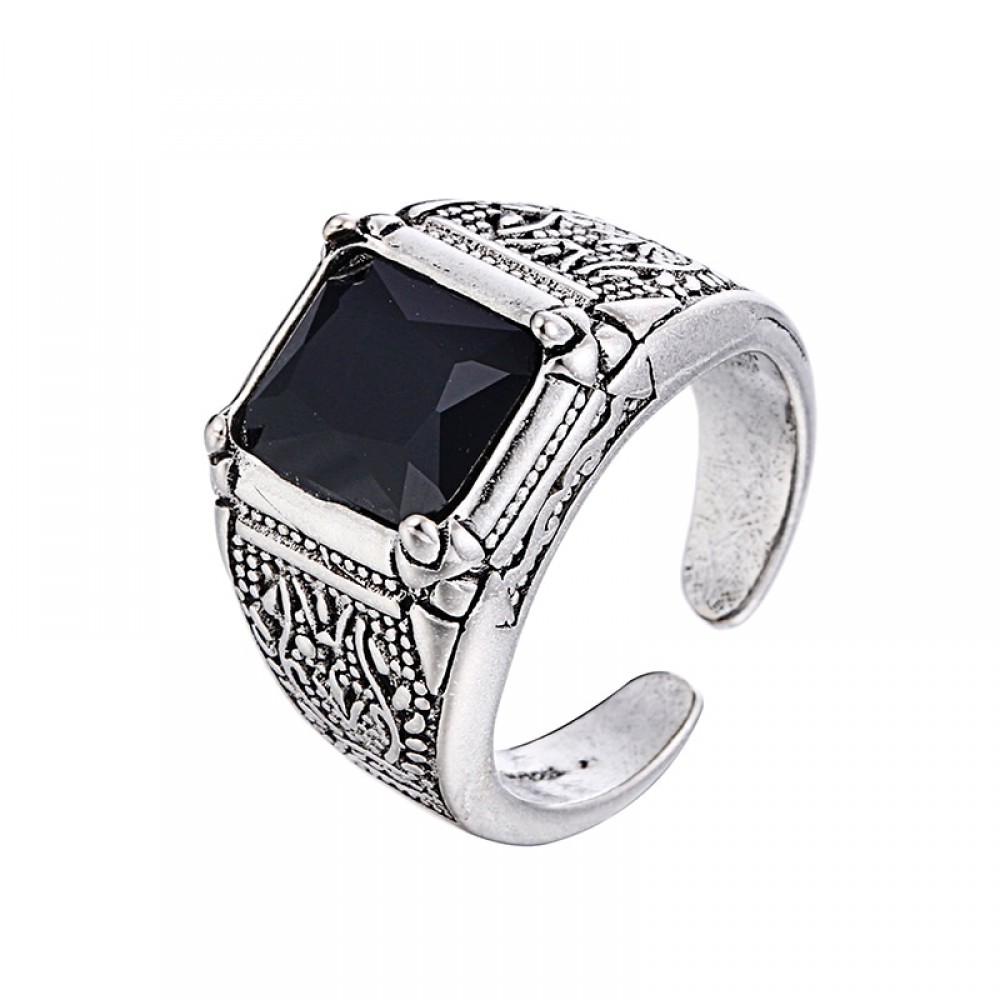 100% 925 sterling silver retro style black crystal men`engagement rings jewelry man open ring wholesale gift drop shipping