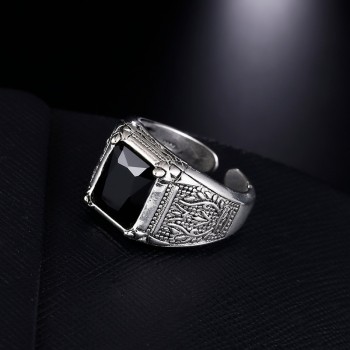 100% 925 sterling silver retro style black crystal men`engagement rings jewelry man open ring wholesale gift drop shipping