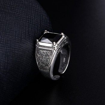 100% 925 sterling silver retro style black crystal men`engagement rings jewelry man open ring wholesale gift drop shipping