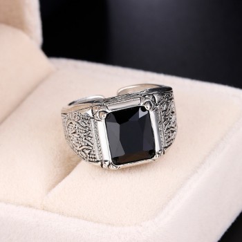 100% 925 sterling silver retro style black crystal men`engagement rings jewelry man open ring wholesale gift drop shipping