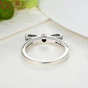 BAMOER HOT 925 Sterling Silver Sparkling Bow Knot Stackable Ring Micro Pave CZ for Women Valentines Day Gift Jewelry PA7104