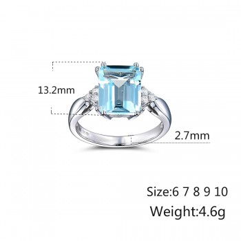 New Big Blue Rectangle Stone Silver Ring for Women Engagement Fashion Jewelry 2018