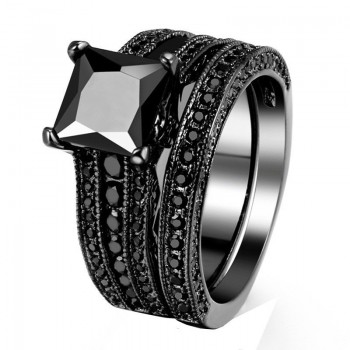 Black Gold  Filled Wedding Rings Set For Women Blue Red Purple CZ Stones Crystal Engagement Jewelry 2pcs Ring Set