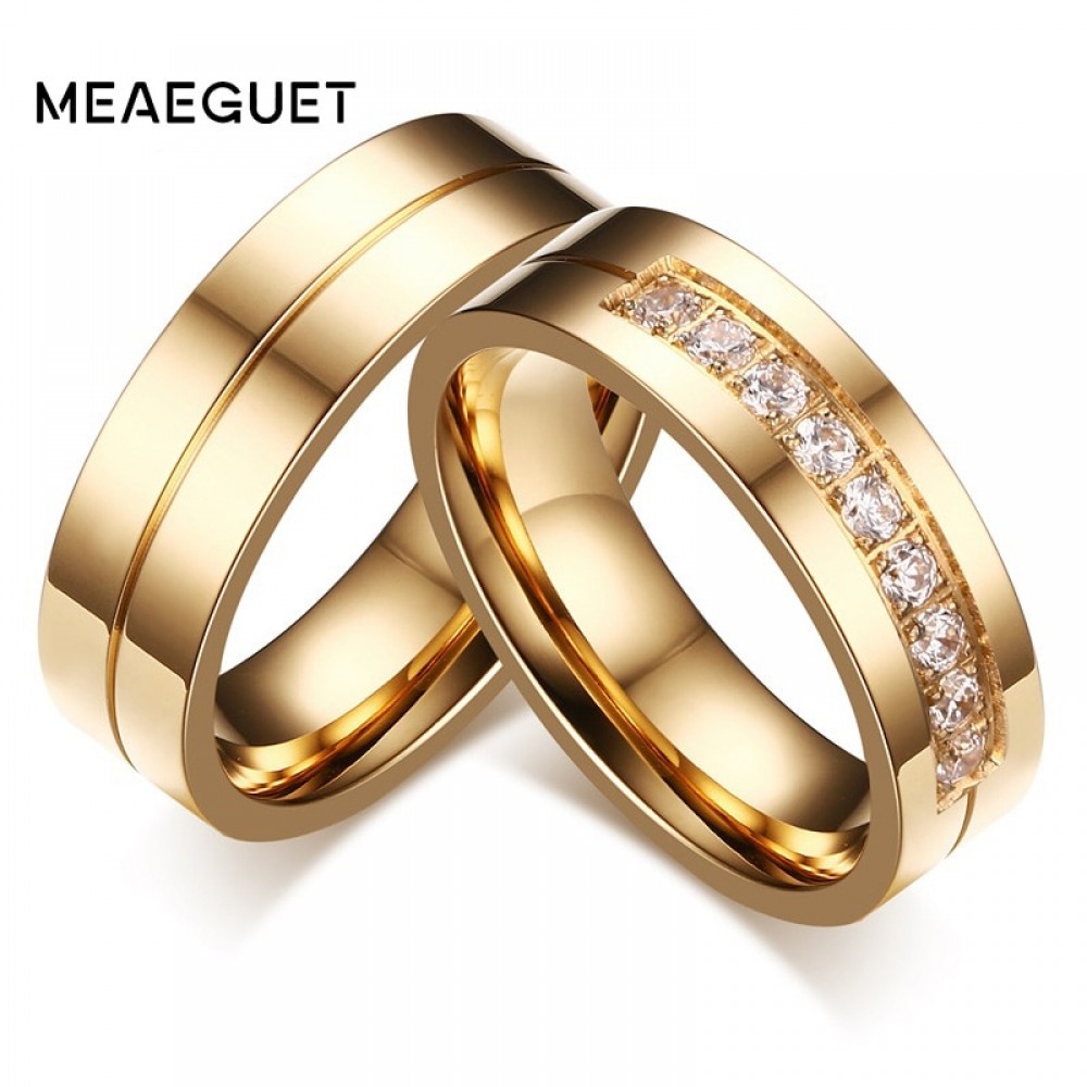 Meaeguet Gold-Color CZ Wedding Rings Lovers Cubic Zirconia Stainless Steel Romantic Ring Jewelry USA Size