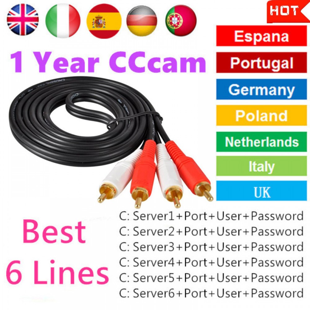 1 Year CCcams for Satellite Receiver 6 Clines Europe FULL HD DVB-S2 Server Support Spain Italy German.ect Cccams via USB dongle