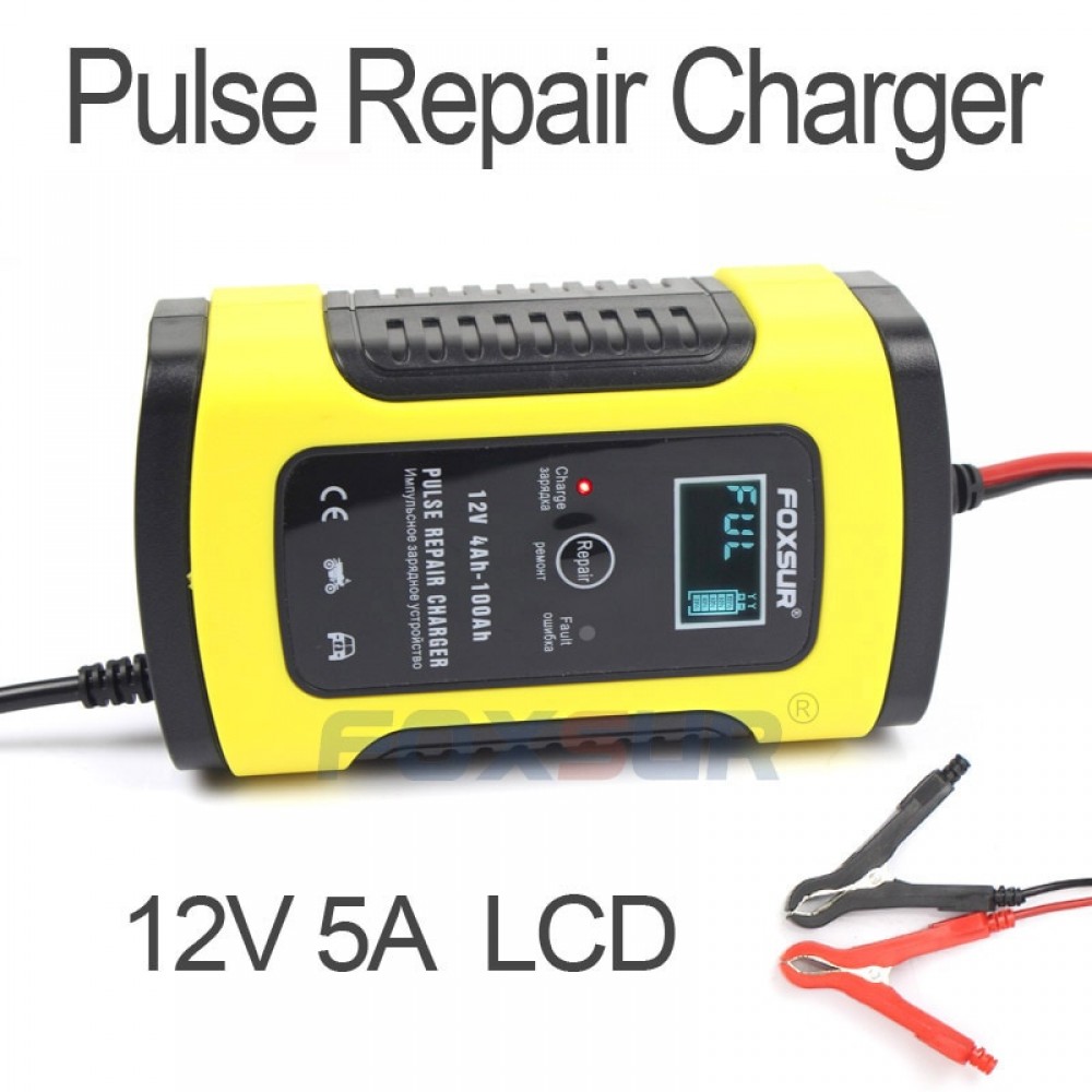 FOXSUR 12V 5A Pulse Repair Charger with LCD Display, Motorcycle amp; Car Battery Charger, 12V AGM GEL WET Lead Acid Battery Charger