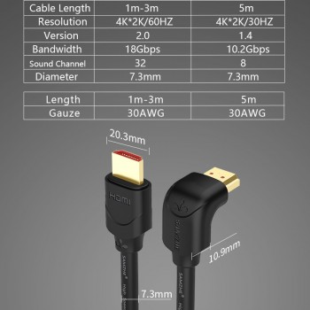 SAMZHE 4K HDMI 2.0 Cable 90/270 Degree Angle HDMI to HDMI Cable 2K*4K 1M 1.5M 2M 3M 5M 1080P 3D for TV PC Projector PS3 PS4