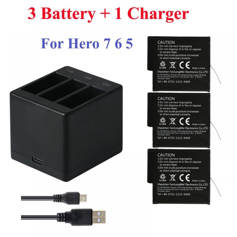 3Pcs Go Pro Lithium Battery For GoPRO Hero 7 Version Battery+3 Slots Charger For GoPro 7 Hero 6 Hero 5 2018 Camera Accessories