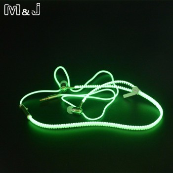 Mamp;J High Quality Full Glowing Earphone Luminous Light Metal Zipper Ear Phones Glow In The Dark For Iphone Samsung MP3 With Mic