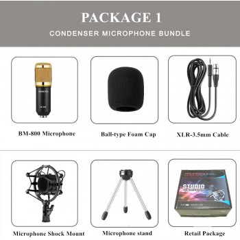 BM-800 Professional Condenser Microphone Kit:Microphone For Computer+Shock Mount+Foam Cap+Cable As BM 800 Microphone BM800