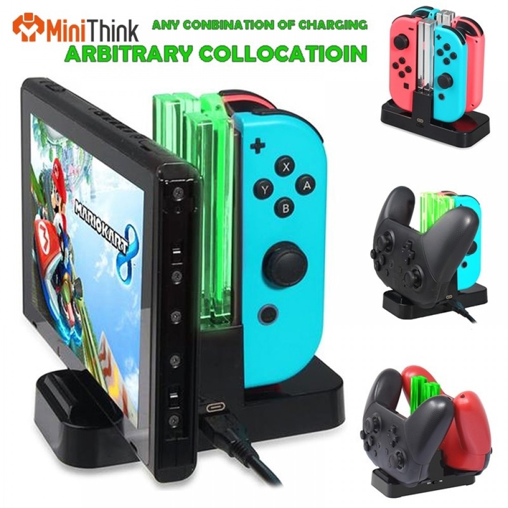 4in1 for NS Nintend Switch Joy-Con amp; Pro Controller with Dual LED Light Indicator Gamepad Charging Dock Stand Station Charger