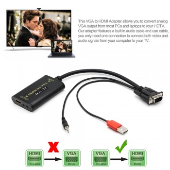 AIXXCO Quality Portable Plug and play VGA To HDMI Output 1080P HD Audio TV AV HDTV PC Video Cable VGA2HDMI Converter Adapter