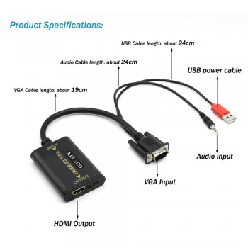 AIXXCO Quality Portable Plug and play VGA To HDMI Output 1080P HD Audio TV AV HDTV PC Video Cable VGA2HDMI Converter Adapter