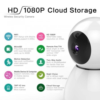 Home Camera 1080P HD Video Monitor IP Wireless Network Surveillance Security Night Vision Alert Motion Detection Two-way Audio