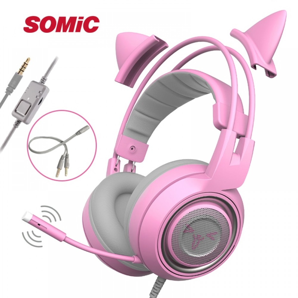 SOMIC G951s Pink Noise Cancelling Gaming Headset with Microphone Kid Girls Pink Cat Ear Headphone with 3.5mm Wired for PS4 Phone