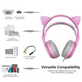 SOMIC G951s Pink Noise Cancelling Gaming Headset with Microphone Kid Girls Pink Cat Ear Headphone with 3.5mm Wired for PS4 Phone
