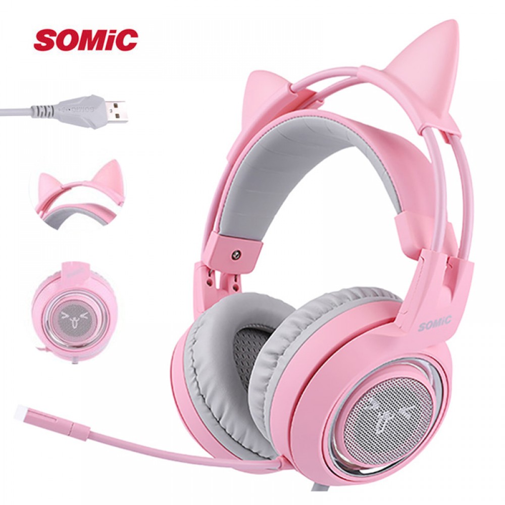 SOMIC G951 Pink Cat Headphones Virtual 7.1 Noise Cancelling Gaming Headphone Vibration LED USB Headset Girl Headsets for PC