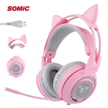 SOMIC G951 Pink Cat Headphones Virtual 7.1 Noise Cancelling Gaming Headphone Vibration LED USB Headset Girl Headsets for PC