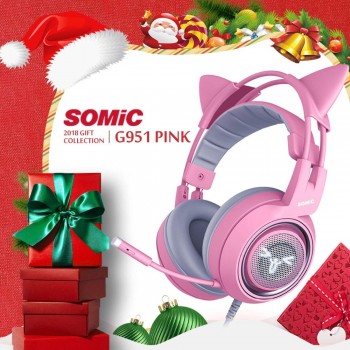 SOMIC G951 Pink Cat Headphones Virtual 7.1 Noise Cancelling Gaming Headphone Vibration LED USB Headset Girl Headsets for PC