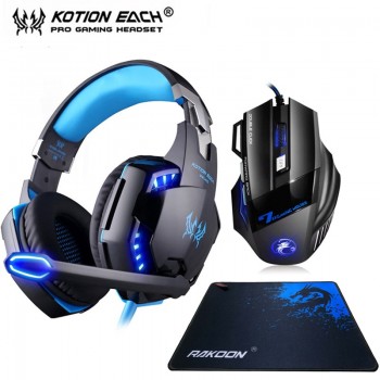 Kotion EACH G2000 Gaming Headset Stereo Deep Bass Headphones with Mic LED Light+Optical 5500DPI Gaming Mouse+Mouse pad for Gamer