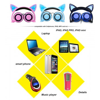 YiJee Cat Ear headphones with LED Flashing Glowing Light Headset Gaming Earphones for PC Computer and Mobile Phone