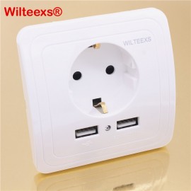 WILTEEXS Dual USB Port 5V 2A Electric Wall Charger Adapter EU Plug Socket Switch Power Dock Station Charging Outlet Panel WHITE
