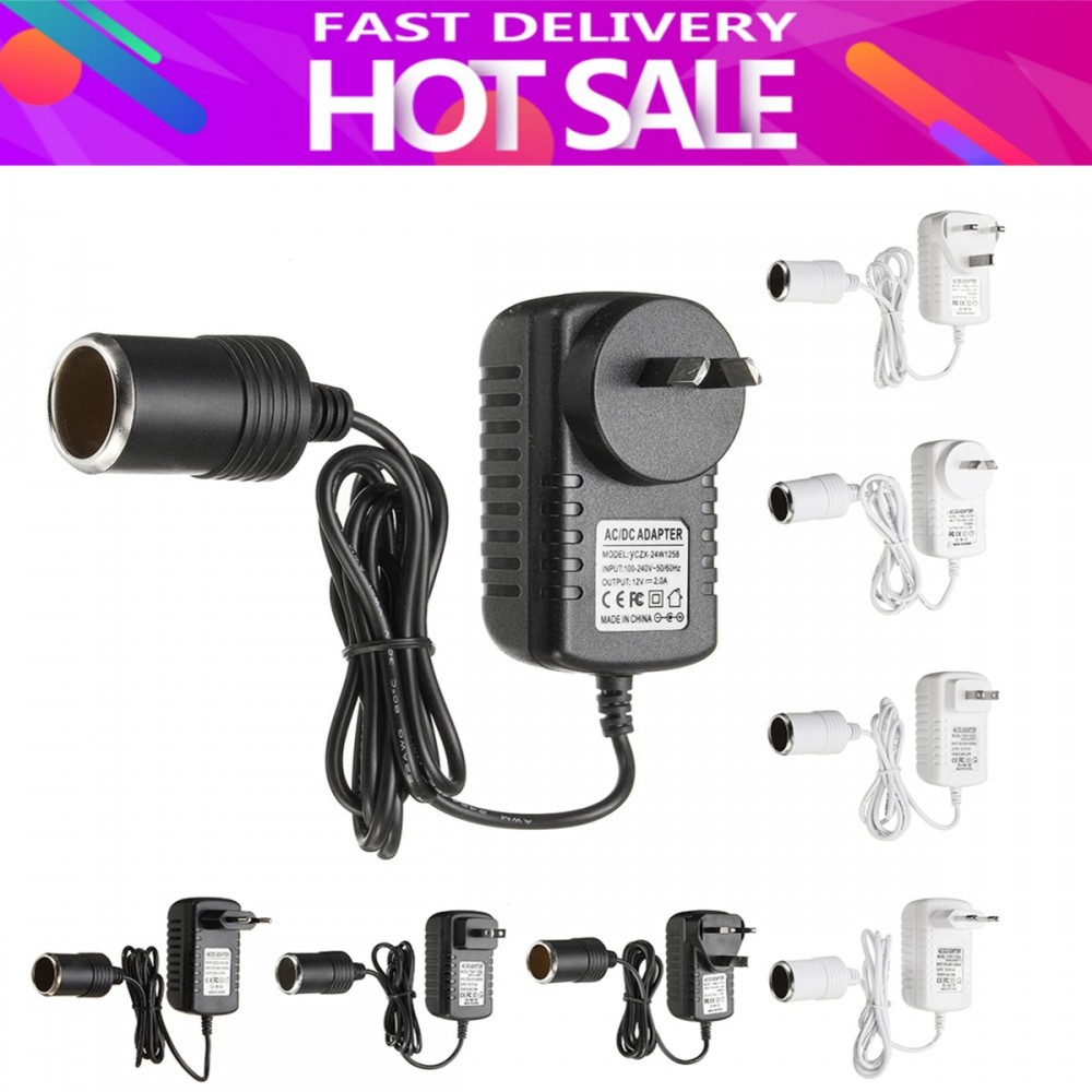 AU/US/UK/EU Plug Charger Power Adapter Cigarette Lighter Socket AC 100-240V to DC 12V/2A Travel Wall Charger Converter for Car