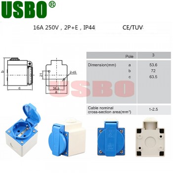 European 2P+E 16A 250V IP44 EU power surface mounted receptacle German Waterproof industry socket Germany cable outlet