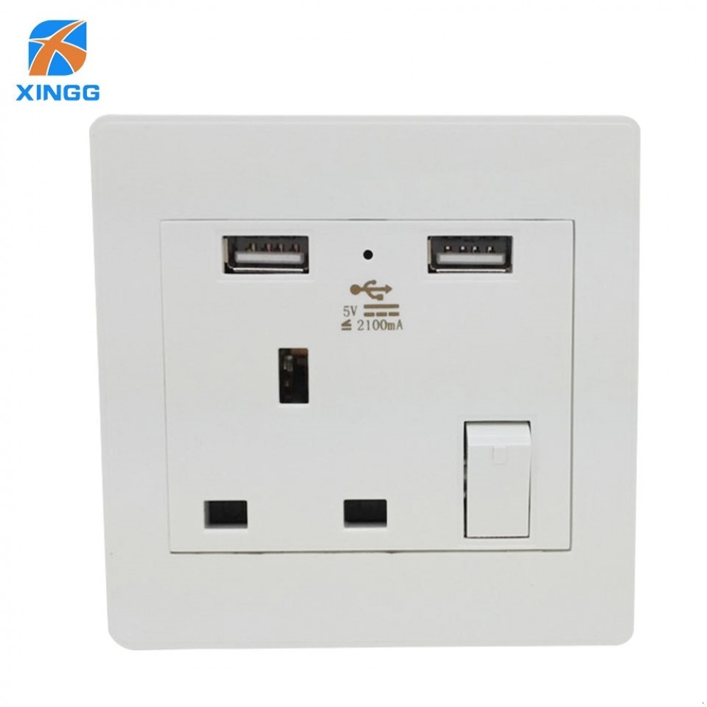 UK 86 Wall Socket AC Electrical Power Plug Outlet With Built-in 2 USB Charger Dual Switches 2100mA 13A 250V LED Indicator