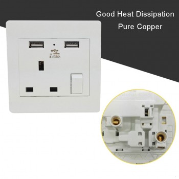 UK 86 Wall Socket AC Electrical Power Plug Outlet With Built-in 2 USB Charger Dual Switches 2100mA 13A 250V LED Indicator
