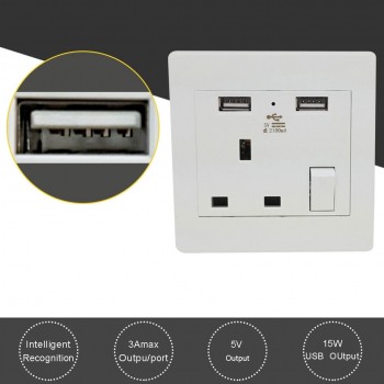 UK 86 Wall Socket AC Electrical Power Plug Outlet With Built-in 2 USB Charger Dual Switches 2100mA 13A 250V LED Indicator