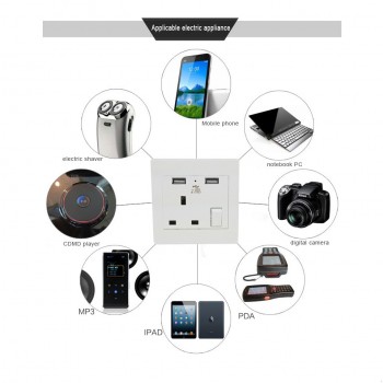 UK 86 Wall Socket AC Electrical Power Plug Outlet With Built-in 2 USB Charger Dual Switches 2100mA 13A 250V LED Indicator