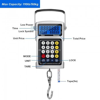 10pcs Digital Scales 7 in 1 Fish Electric Scale Weighing 50kg with a Calculator Tape Measure Backlight