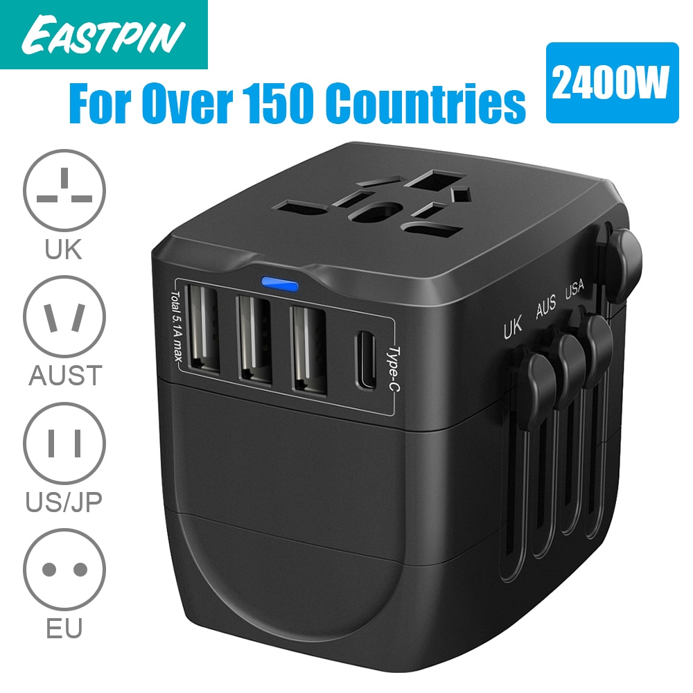 2400W International Travel Power Adapter, Universal 1 Smart Type-Camp;3 USB All in One Power Plug Adapter for High Power Appliances