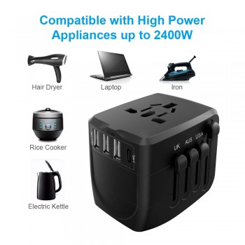 2400W International Travel Power Adapter, Universal 1 Smart Type-Camp;3 USB All in One Power Plug Adapter for High Power Appliances