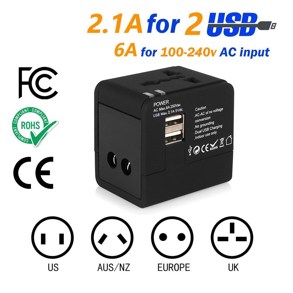 Universal worldwide travel adapter Plug with 2 USB 2.1A for 150 countries USA, Europe, UK, Australia, Japan Perfect for Laptops