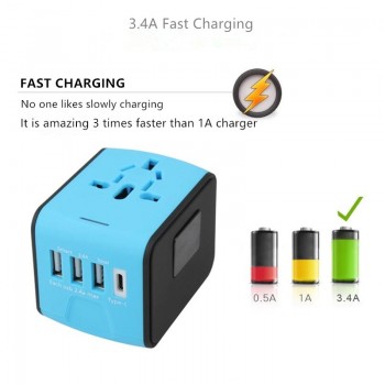 Universal Travel Adapter AC Power US Euro UK AU International Adaptor 3 USB+1Type C World Worldwide USB Plug Socket Converter
