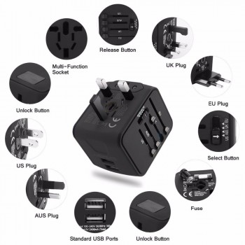 Travel Adapter International Universal Power Adapter All-in-one with 3.4A 4 USB Worldwide Wall Charger for UK/EU/AU/Asia