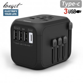 LONGET Universal Travel Adapter Auto Resetting Fuse baby safe design 5A 3 USB + 1typc c Worldwide Wall Charger for UK/EU/AU/Asia