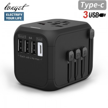 LONGET Universal Travel Adapter Auto Resetting Fuse baby safe design 5A 3 USB + 1typc c Worldwide Wall Charger for UK/EU/AU/Asia