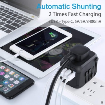 LONGET Universal Travel Adapter Auto Resetting Fuse baby safe design 5A 3 USB + 1typc c Worldwide Wall Charger for UK/EU/AU/Asia