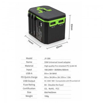 International Universal Travel Adapter 18W PD Charger For Iphone XS QC3.0 Supply Support FCP For Huawei Charger AFC For Samsung