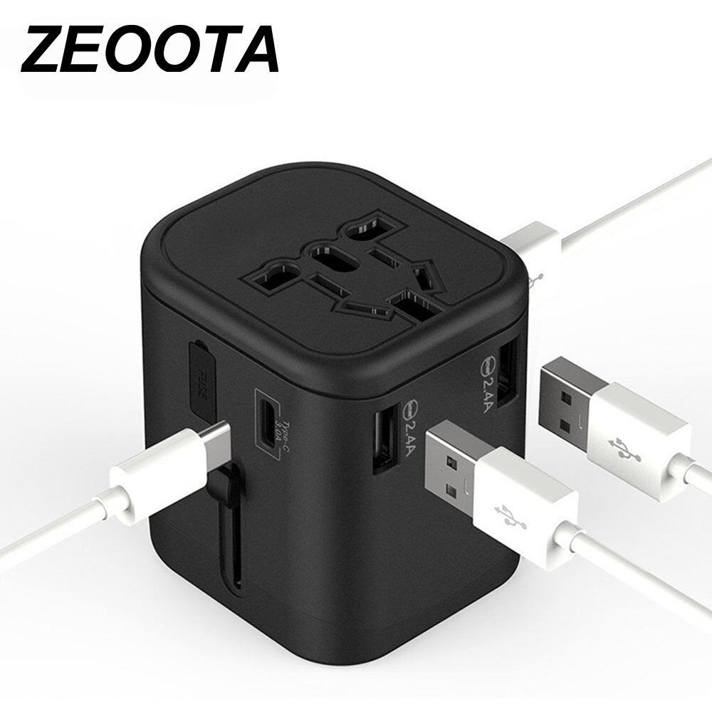 Zeoota Travel Adaptor Multi Plug 2 Fuse Protect Universal Adapter Universal Travel Charger with Type C and 3 USB Charging Ports