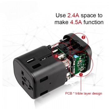 Zeoota Travel Adaptor Multi Plug 2 Fuse Protect Universal Adapter Universal Travel Charger with Type C and 3 USB Charging Ports
