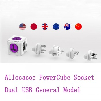 Allocacoc PowerCube Socket 4 Outlets Dual USB Ports Adapter EU / US / UK / AU Purple Travel Universal Specification Plugs