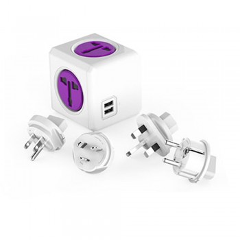 Allocacoc PowerCube Socket 4 Outlets Dual USB Ports Adapter EU / US / UK / AU Purple Travel Universal Specification Plugs