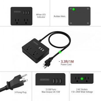 NTONPOWER OSP Travel US Electrical Plug Sockets Mini and Portable 2 AC Outlet 3 USB Charging Ports with 3 Foot/ 1M Power Cord