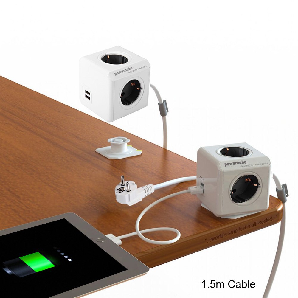 Allocacoc Extended PowerCube Socket EU DE Plug 4 Outlets 2 USB Ports Adapter With 1.5m Cable Power Strip
