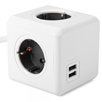 Allocacoc Extended PowerCube Socket EU DE Plug 4 Outlets 2 USB Ports Adapter With 1.5m Cable Power Strip