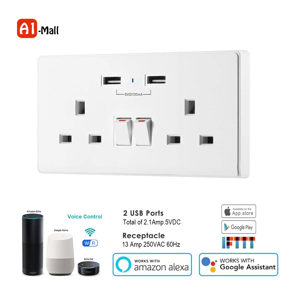 Wifi Smart Wall Socket Timer Switch Control Outlet dual 13A UK Plug and 2 USB Ports Voice Control Works with Alexa Google IFTTT